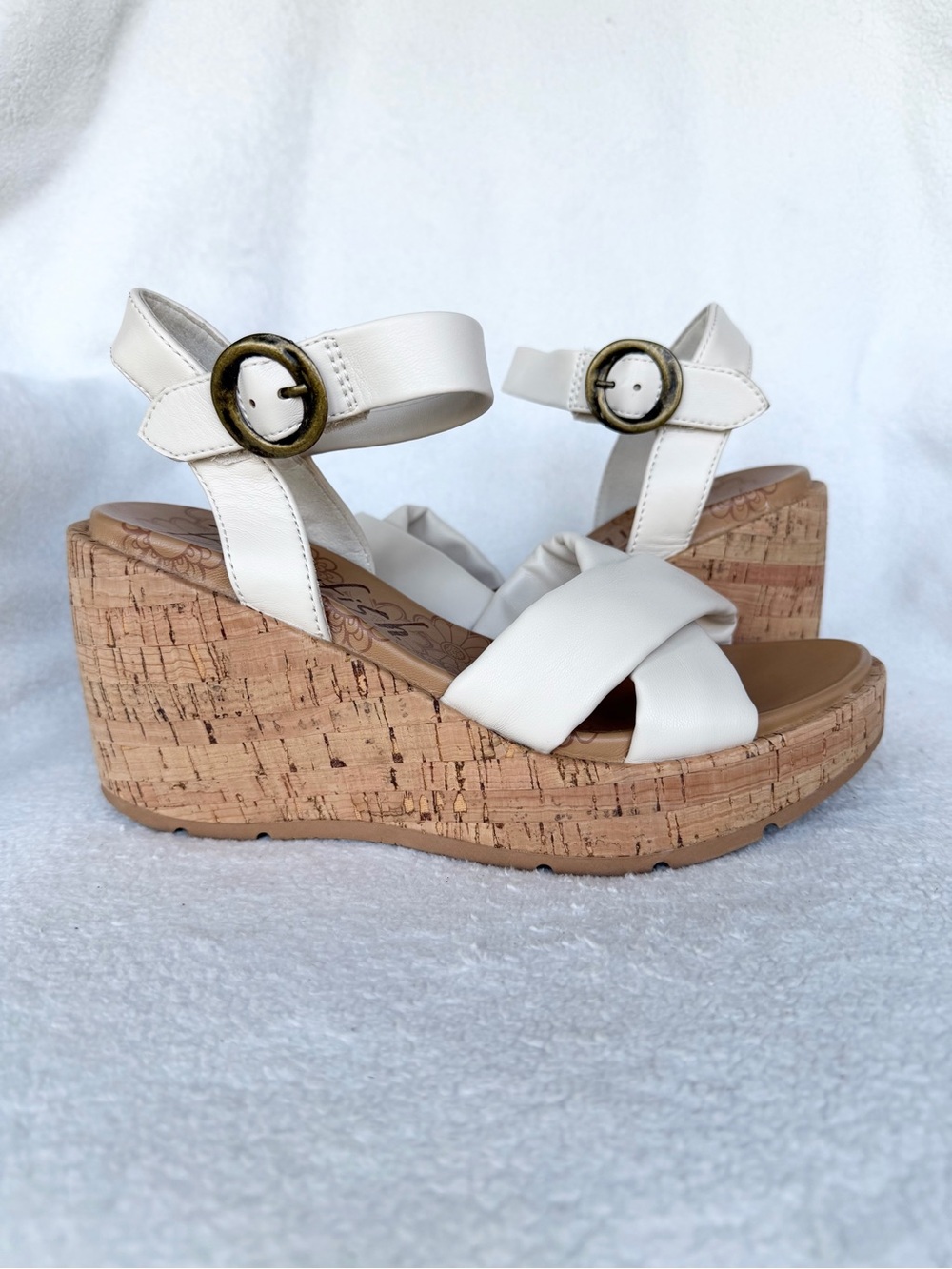 Blowfish Women’s White Cork Wedge Sandals with Ankle Buckle 7.5